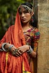 Shop_Medha_Orange Cotton, Tissue, Chiffon Beads, Handwoven Chiniya Check Skirt Set _Online_at_Aza_Fashions