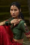 Medha Green Silk, Chiffon Beads, Zari V-neck Red And Handwoven Chaniya Choli Set at Aza Fashions Medha_Green Silk, Chiffon Beads, Zari V-neck Red And Handwoven Chaniya Choli Set _at_Aza_Fashions