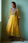 Medha_Yellow Chanderi, Silk Organza Embroidery Round Neck Kurta Set _Online_at_Aza_Fashions