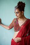 Medha_Red Chiffon Beads, Embroidery, Sequins V-neck Textured Saree Set _Online_at_Aza_Fashions