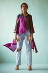 Buy_Medha_Multi Color Silk Embroidery Collared Teal And Maroon Habutai Shirt _at_Aza_Fashions