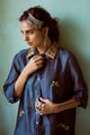 Buy_Medha_Blue Chanderi Embroidery Collared Teal Kurta Set _Online_at_Aza_Fashions