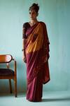 Buy_Medha_Maroon Silk Embroidery V-neck Mustard Handwoven Saree Set _at_Aza_Fashions