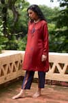 Shop_Medha_Orange Silk, Cotton Embroidery, Beads Round Neck Tunic And Pant Set _at_Aza_Fashions