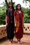 Medha_Black Satin, Chiffon Beads V-neck Crinkled Kurta Set _Online_at_Aza_Fashions