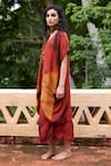Shop_Medha_Orange Chiffon, Satin Beads, Embroidery V-neck Crinkled Kurta Set _at_Aza_Fashions