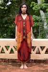 Buy_Medha_Orange Chiffon, Satin Beads, Embroidery V-neck Crinkled Kurta Set _at_Aza_Fashions