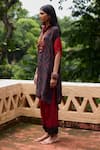 Shop_Medha_Black Silk, Cotton Beads Mandarin Collar And Red Handcrafted Tunic Pant Set _at_Aza_Fashions