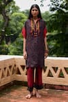 Buy_Medha_Black Silk, Cotton Beads Mandarin Collar And Red Handcrafted Tunic Pant Set _at_Aza_Fashions