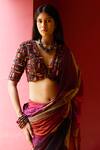 Medha_Purple Silk Embroidery, Beads V-neck Multi Color Saree And Blouse Set _at_Aza_Fashions