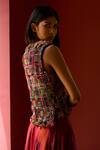 Shop_Medha_Maroon Silk, Cotton Beads V-neck Multi Color Skirt And Jacket Set _at_Aza_Fashions
