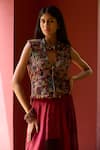 Buy_Medha_Maroon Silk, Cotton Beads V-neck Multi Color Skirt And Jacket Set _Online_at_Aza_Fashions