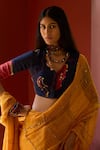 Medha_Yellow Silk, Cotton Beads, Embroidery Round Neck And Blue Saree With Blouse _Online_at_Aza_Fashions