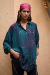 Buy_Medha_Teal Silk Embroidery Collared Blue Handcrafted Shirt _at_Aza_Fashions