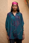 Shop_Medha_Teal Silk Embroidery Collared Blue Handcrafted Shirt _at_Aza_Fashions