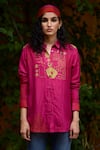 Medha_Pink Silk Embroidery Collared Handcrafted Shirt _Online_at_Aza_Fashions