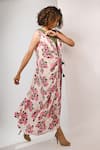 Rimi Nayak_Pink Viscose, Crepe Pearls V-neck Hydrangea Printed Draped Maxi Dress _Online_at_Aza_Fashions