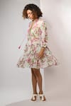 Rimi Nayak_White Georgette, Viscose Round Neck Bougainvillea Printed Tiered Dress _Online_at_Aza_Fashions