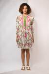 Buy_Rimi Nayak_White Georgette, Viscose Round Neck Bougainvillea Printed Tiered Dress _at_Aza_Fashions