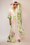 Buy_Rimi Nayak_White Viscose, Crepe Pearls V-neck Floral Printed Kaftan With Detailing _at_Aza_Fashions