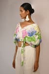 Rimi Nayak_White Viscose, Crepe Pearls V-neck Floral Printed Top And Trouser Set _Online_at_Aza_Fashions