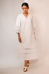 Buy_Rimi Nayak_White Cotton, Linen Pearls V-neck Long Dress With Organza Details _at_Aza_Fashions