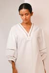 Shop_Rimi Nayak_White Cotton, Linen Pearls V-neck Long Dress With Organza Details _Online_at_Aza_Fashions