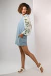 Rimi Nayak_Blue Cotton, Linen V-neck Playsuit _Online_at_Aza_Fashions