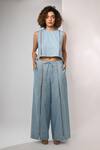 Buy_Rimi Nayak_Blue Cotton, Linen Round Neck Crop Top _at_Aza_Fashions