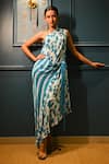 Buy_Rimi Nayak_Blue Viscose, Crepe Pearls One Shoulder Bougainvillea Dress _at_Aza_Fashions