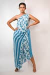Shop_Rimi Nayak_Blue Viscose, Crepe Pearls One Shoulder Bougainvillea Dress 