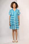 Buy_Rimi Nayak_Blue Bemberg, Satin Collared Stripe Tiered Dress _at_Aza_Fashions