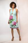 Rimi Nayak_Blue Bemberg, Satin Embroidery Halter Neck Hydrangea Dress _Online_at_Aza_Fashions