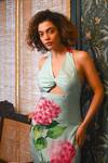 Rimi Nayak_Blue Bemberg, Satin Embroidery Halter Neck Hydrangea Dress _at_Aza_Fashions