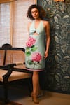 Buy_Rimi Nayak_Blue Bemberg, Satin Embroidery Halter Neck Hydrangea Dress 