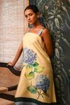 Rimi Nayak_Yellow Bemberg, Satin Square Neck Hydrangea Print Offshoulder Dress _at_Aza_Fashions