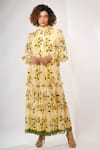 Buy_Rimi Nayak_Yellow Viscose, Georgette High Neck Hygrangea Printed Tier Dress _at_Aza_Fashions