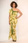 Rimi Nayak_Yellow Viscose, Crepe Beads One Shoulder Hydrangea Printed Maxi Dress _at_Aza_Fashions