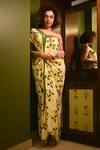 Buy_Rimi Nayak_Yellow Viscose, Crepe Beads One Shoulder Hydrangea Printed Maxi Dress _at_Aza_Fashions