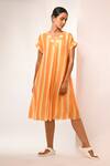 Buy_Rimi Nayak_Orange Bemberg, Satin V-neck Stripe Designer Dress _at_Aza_Fashions