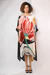 Rimi Nayak_White Bemberg, Satin Sequins Round Neck Abstract Floral Printed Maxi Kaftan _Online_at_Aza_Fashions