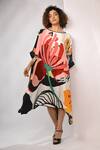 Buy_Rimi Nayak_White Bemberg, Satin Sequins Round Neck Abstract Floral Printed Maxi Kaftan _at_Aza_Fashions