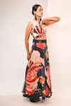 Rimi Nayak_Multi Color Bemberg, Satin Sequins Round Neck Abstract Floral Printed Crop Top _Online_at_Aza_Fashions