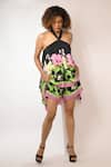 Rimi Nayak_Black Viscose, Crepe Halter Neck Hydrangea Printed Top And Shorts _Online_at_Aza_Fashions