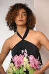 Rimi Nayak_Black Viscose, Crepe Halter Neck Hydrangea Printed Top And Shorts _at_Aza_Fashions