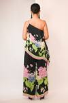 Shop_Rimi Nayak_Black Viscose, Crepe Beads Asymmetric Hydrangea Printed Top And Trouser Set _at_Aza_Fashions