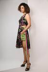 Rimi Nayak_Black Viscose, Crepe V-neck Bougainvillea Printed Wrap Dress _Online_at_Aza_Fashions