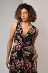 Buy_Rimi Nayak_Black Viscose, Crepe V-neck Bougainvillea Printed Wrap Dress _Online_at_Aza_Fashions