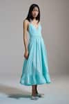 THE IASO_Aqua Cotton Satin V-neck V Whisper Midi Dress _Online_at_Aza_Fashions