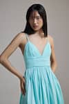 Buy_THE IASO_Aqua Cotton Satin V-neck V Whisper Midi Dress _Online_at_Aza_Fashions